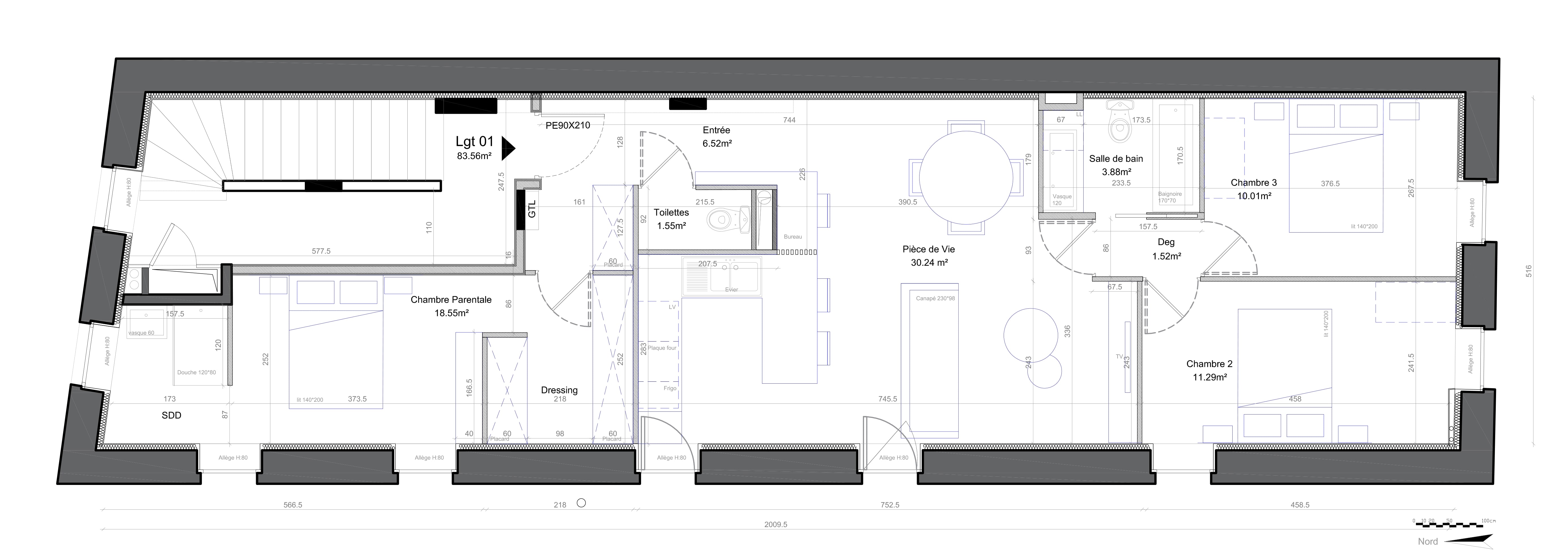 Plan Appartement 3 chambres en longueur 85m²