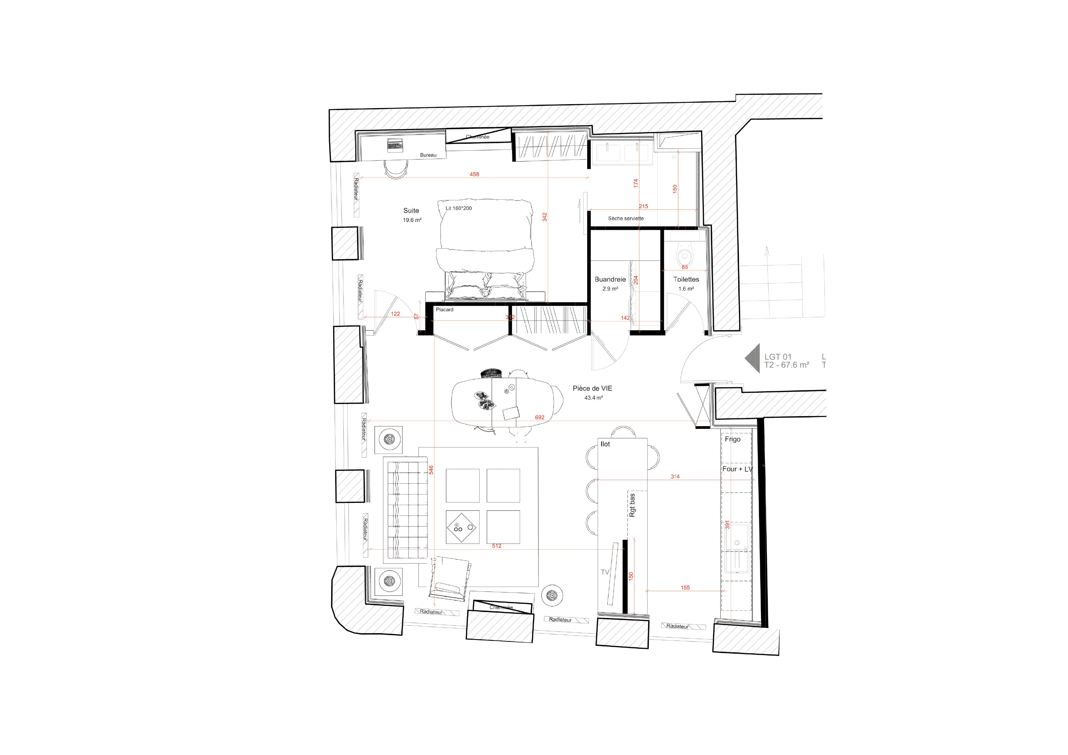 Plan appartement T2 65 M² avec suite parentale