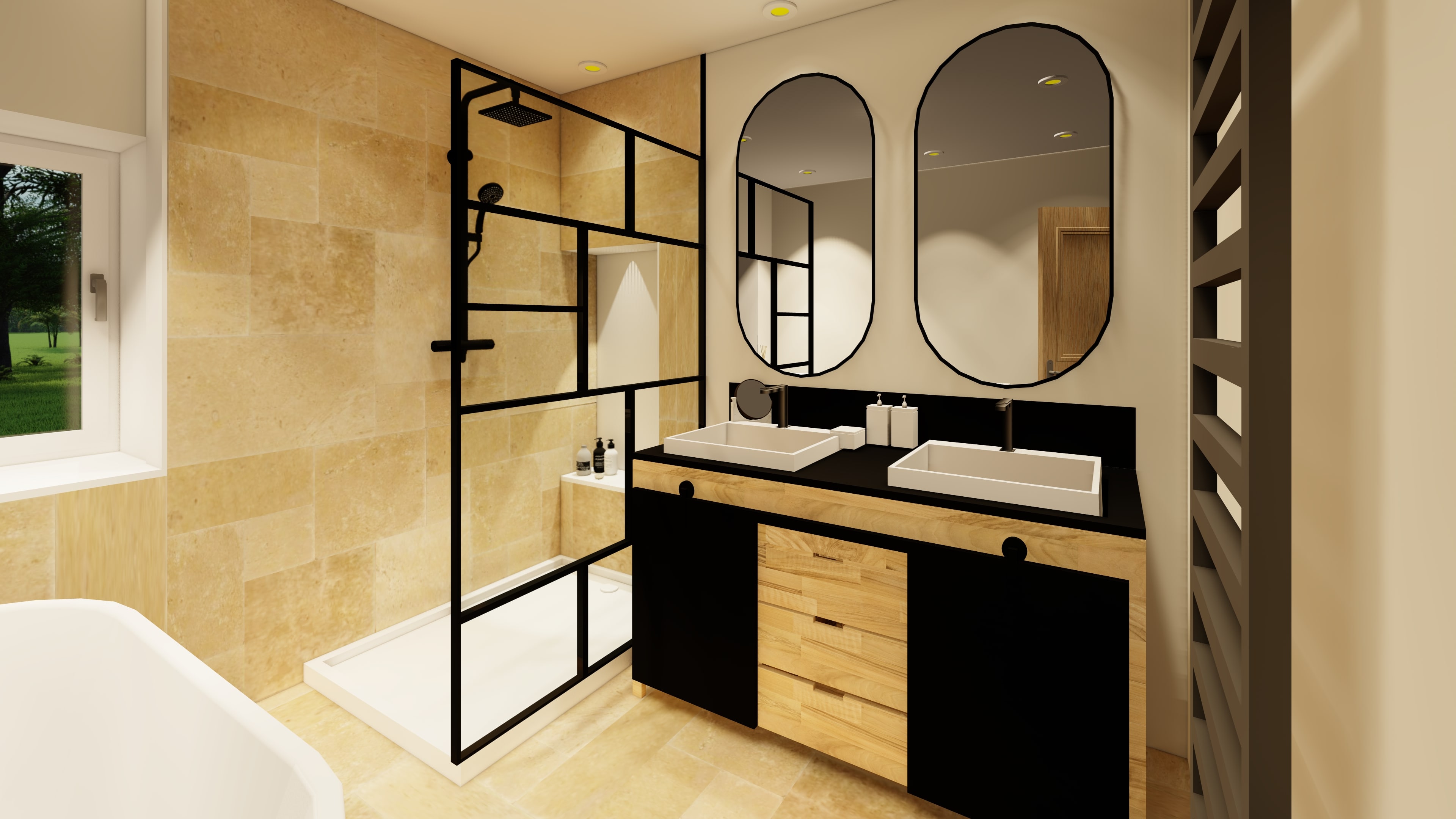 Plan salle de bain avec baignoire murale et douche 7M²