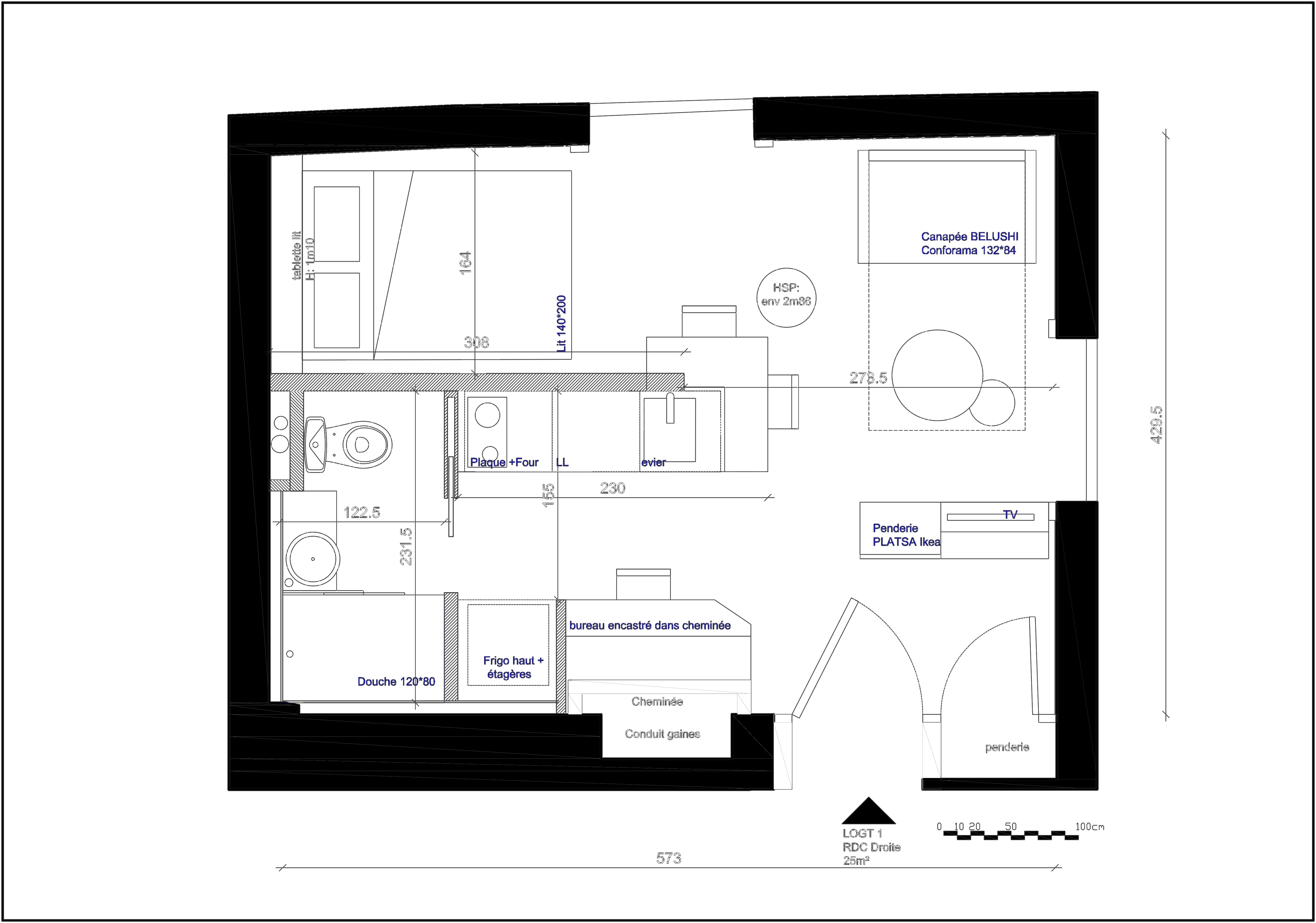 Studio avec coin nuit 25 m² plan